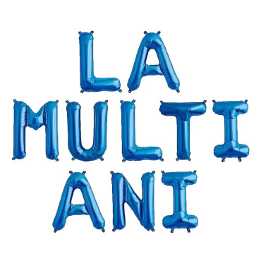 Set 10 Baloane din Folie Metalizata, Cyrax, Figurine Litere, Model La multi ani, Tema Aniversare, 40 cm, Ambalaj Individual, Pai Inclus,  Umflare cu Aer sau Heliu, Albastru