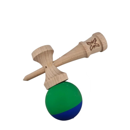 Jucarie Kendama X Originala, Profesionala, Cyrax, din Lemn, Rubber Grip, 18 cm, Albastru/Verde