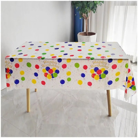 Fata de Masa, Cyrax, din PEVA, Imprimeu Happy Birthday cu Baloane, 137 x 274 cm, Impermeabila, Fara Pete, Curatare Rapida, Multicolor