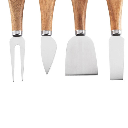 Set 4 cutite pentru branza Cyrax, din otel inoxidabil, maner din lemn de salcam, pentru branza sau unt, 15 x 6.3 x 3 cm, argintiu