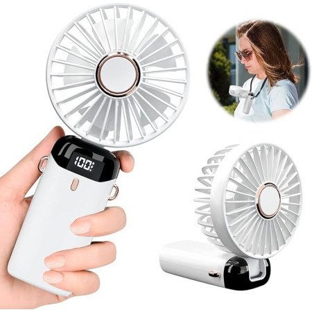 Ventilator Ultra Portabil cu Aromaterapie,  3 in 1, de Mana, de Birou, de Gat, 5 Trepte de Viteza, Incarcare USB, Autonomie 12h, Pliabil, cu Ecran LCD, Alb