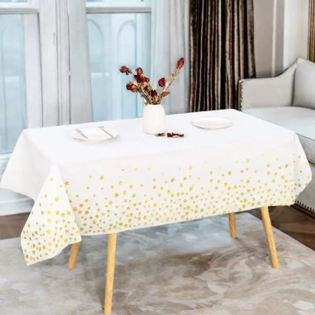 Fata de Masa, Cyrax, din Folie, Imprimeu Stele Aurii, Impermeabila, 137 x 274 cm, Alb