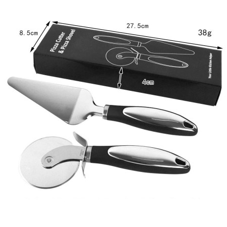 Feliator si Lopatica pentru Pizza, Cyrax, set din 2 ustensile, Otel Inoxidabil, Maner Antiderapant, 26.5 x 8 x 3 cm, Negru