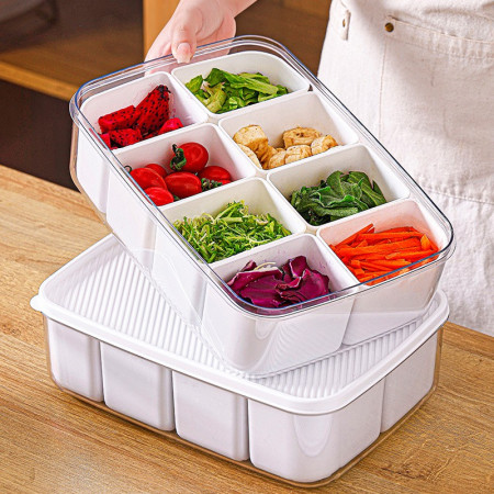 Cutie pentru Depozitare Alimente, Cyrax, 8 Compartimente cu Capac, Material PET+PP, 29 x 20 x 9 cm, Alb/Transparent