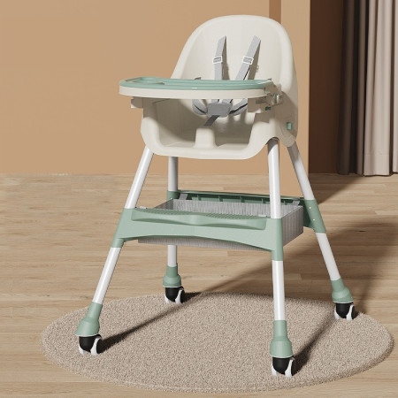 Scaun de masa pentru bebelusi si copii Cyrax, cu roti, telescopic, pliabil, masuta reglabila, suport picioare, scaun invelis piele artificiala, centura siguranta, spatiu depozitare, 97 x 73 x 65 cm, verde