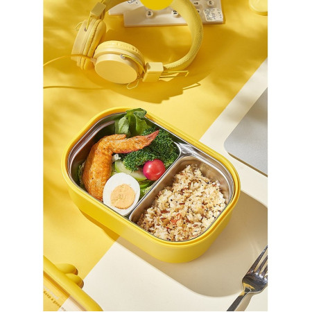 Cutie pentru Pranz sau Gustari, Cyrax, cu Doua Compartimente, Model Ratusca, pentru Copii si Adulti, Etansare, PP, Perfect pentru Scoala si Birou, 1000 mL, 22.5x14.5x8 cm, Galben