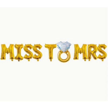Set Baloane din Folie Metalizata, Cyrax, Model Miss to Mrs cu Inel de Logodna, Litere de 40 cm, Tema Iubire, Baloane Party, Ambalaj Individual, Pai Inclus, Umflare cu Aer sau Heliu, Auriu