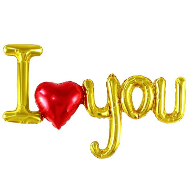 Set Baloane Folie Metalizata, Cyrax, Model I LOVE YOU cu Inimioara, 54x97 cm, Tematica Ziua Îndrăgostiților, Ambalaj Individual, Pai Inclus, Umflare cu Aer sau Heliu, Auriu