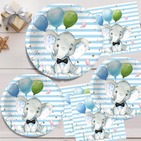 Set 10 Farfurii Unica Folosinta, Cyrax, Imprimeu Elefant, din Carton, 17 cm, Albastru