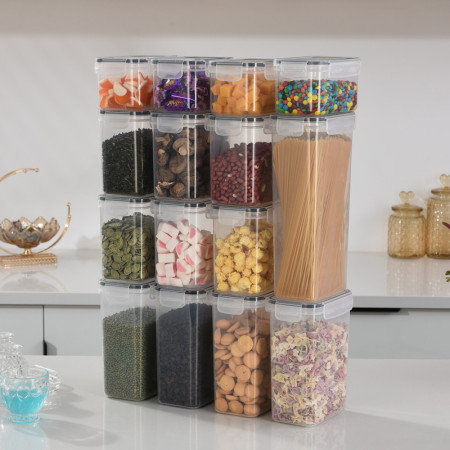 Cutii de depozitare alimente, Cyrax, Set din 15 Cutii pentru Condimente, Cereale, Cutii pentru Bucatarie, din Plastic PP, Cutii Alimentare, Diferite Dimensiuni, Transparente