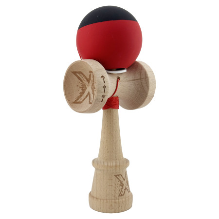 Kendama X Originala, Profesionala, Cyrax, Cupe Mari KING SIZE V3, Rubber Grip, Gaura in Baza, Rulment Metalic, din lemn 18 cm, Ata 62/65 cm, Bicolor Negru/Rosu