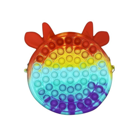 Jucarie antistres din silicon Cyrax, Geanta Pop It, Vacuta, 16 cm, Curcubeu