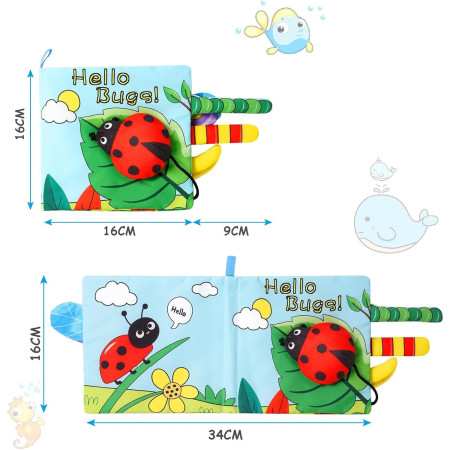 Carte Senzoriala, Cyrax, pentru Bebelusi, 15x16x4 cm, cu Animalute, 3D, Cu Sunete si Fosnete, 0-3 Ani, Model Buburuza, Multicolor