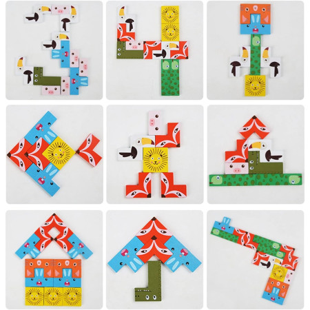 Puzzle din Lemn Cyrax, Tip Tetris, +4 Ani, cu Animale Colorate 3D, 40 Piese, Multicolor