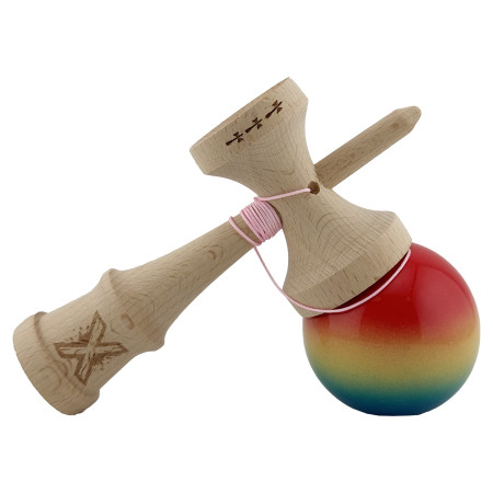Kendama X Originala, Profesionala, Cyrax, Big Cups V2, Super Sticky Cupe Mari, Rulment Metalic cu Ata 55 cm, Rosu/Galben/Albastru