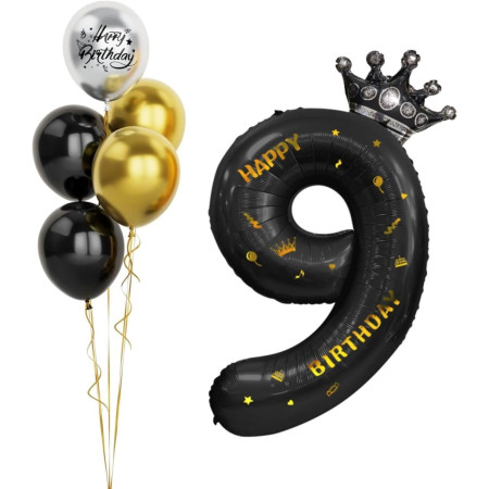 Balon din Folie Metalizata Cyrax, Figurina Cifra si Coroana, Scris Happy Birthday, Tema Aniversare 100 cm, Ambalaj Individual, Pai inclus, Umflare cu Aer sau Heliu, Negru, Cifra 9