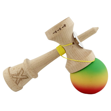Kendama X Originala, Profesionala, Cyrax, Cupe Mari KING SIZE V3, Rubber Grip, Gaura in Baza, Rulment Metalic, din lemn 18 cm, Ata 62/65 cm, Gradient Verde/Galben/Rosu