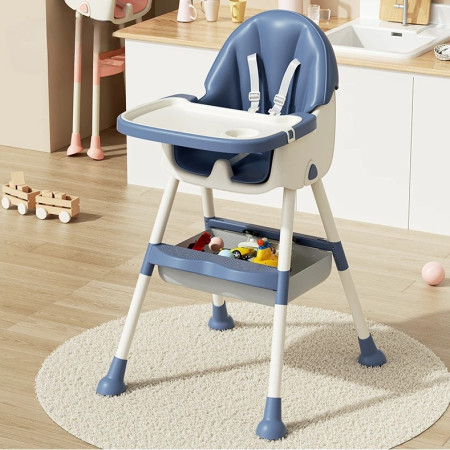 Scaun de masa pentru bebelusi si copii Cyrax, cu roti, telescopic, pliabil, masuta reglabila, suport picioare, scaun invelis piele artificiala, centura siguranta, spatiu depozitare, 97 x 73 x 65 cm, albastru