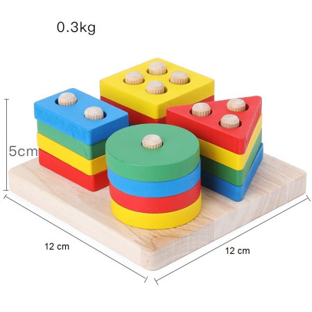 Jucarie Educativa Cyrax, Tip Montessori, din Lemn, + 36 Luni, Forme Geometrice, 16 Piese, 12 x 12 cm, Multicolor