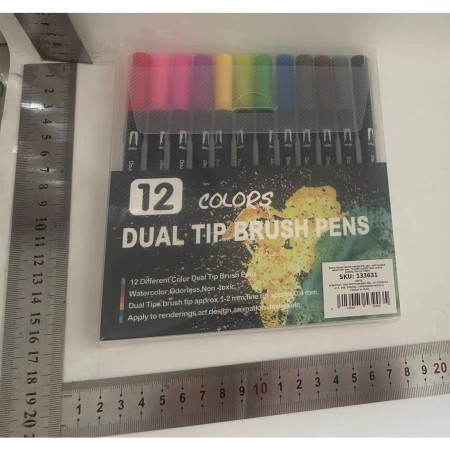 Set 12 Carioci, Cyrax, pe Baza de Apa, 2 Tipuri de Varf, 1-2 mm, 0.4 mm, Corp Carioca Negru, din Plastic, Multicolor