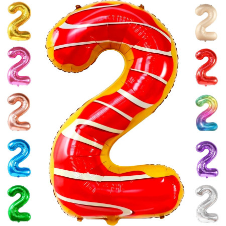 Balon din Folie Metalizata Cyrax, Figurina Cifra, Imprimeu Gogosi, Tema Aniversare 100 cm, Ambalaj Individual, Pai inclus, Umflare cu Aer sau Heliu, Multicolor, Cifra 2
