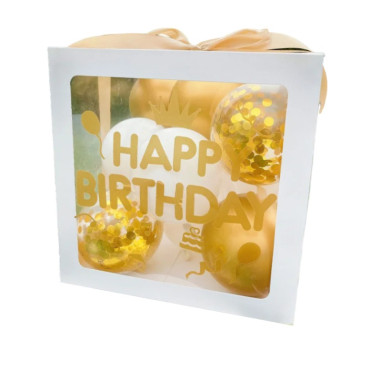 Cutie pentru Baloane, Cyrax, Tematica Aniversare, Model Scris Happy Birthday, Baloane Aurii, Albe si Panglica Incluse, Contur Alb, Transparenta, 30x30 cm