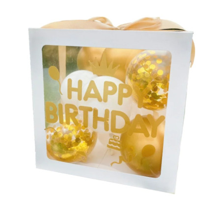 Cutie pentru Baloane, Cyrax, Tematica Aniversare, Model Scris Happy Birthday, Baloane Aurii, Albe si Panglica Incluse, Contur Alb, Transparenta, 30x30 cm