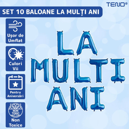 Set 10 Baloane din Folie Metalizata, Cyrax, Figurine Litere, Model La multi ani, Tema Aniversare, 40 cm, Ambalaj Individual, Pai Inclus,  Umflare cu Aer sau Heliu, Albastru