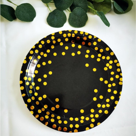 Set 10 Farfurii Unica Folosinta, Cyrax, Imprimeu cu Buline, din Carton, Diametru 23 cm, Negru/Auriu