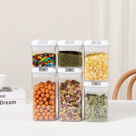 Set 6 Recipiente din Plastic, Cyrax, pentru Alimente/Obiecte, Inchidere Ermetica, 2 x 0.5l, 2 x 0.8l, 2 x 1.2l, Capac Alb, Transparent