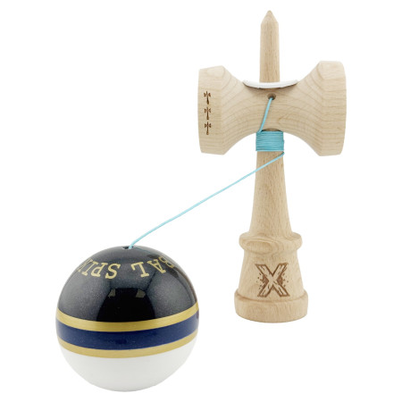 Kendama X Originala ROYAL SPIKE, Profesionala, Cyrax, Cupe Mari KING SIZE V3, Super Sticky, Gaura in Baza, Rulment Metalic, din lemn 18 cm, Ata 55 cm, Inel Albastru inchis