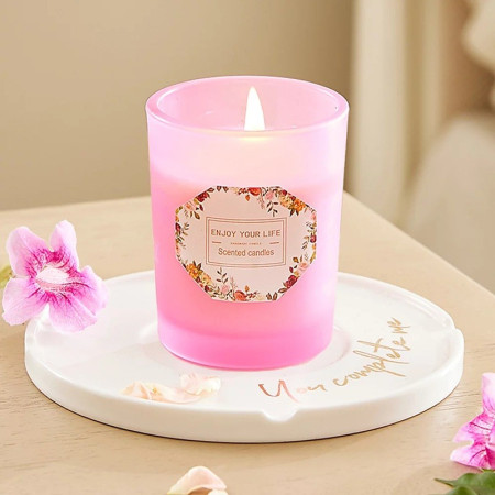 Lumanare Parfumata,  Model Pahar Roz, Aroma de Lamaie si Trandafir, din Ceara de Soia, 6.2 x 5.2 cm, Roz