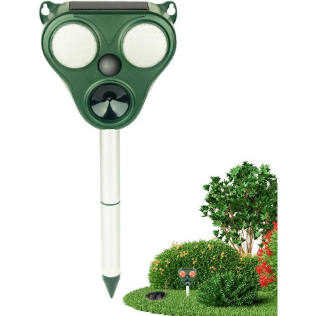 Aparat Solar LED cu Ultrasunete,  Repelent pentru Animale Mari si Mici, Lumina Rosie si Alba, Anti Rozatoare, Anti Insecte, Frecventa 13.5KHZ-65 KHZ, Senzor PIR, 13 x 14.7 x 24.5 cm, Verde