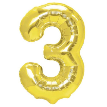 Balon din Folie Metalizata Cyrax, Figurina Cifra, Tema Aniversare 100 cm, Ambalaj Individual, Pai inclus, Umflare cu Aer sau Heliu, Auriu, Cifra 3
