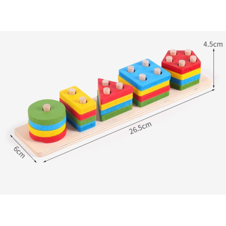 Jucarie Educativa Cyrax, Tip Montessori, din Lemn, + 36 Luni, Forme Geometrice, 20 Piese, 6 x 26.5 cm, Multicolor