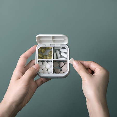 Cutie Depozitare Medicamente Mini,  4 Compartimente, Inchidere Etans, Portabila, Patrat, Gri, PP, 7.5x7.5x3 cm