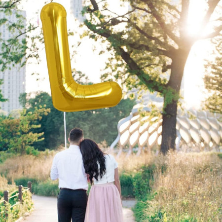 Balon Folie Metalizata Litera L, Cyrax, 80 cm, Umflati cu Heliu sau Aer, Ambalaj Individual, Pai inclus, Auriu