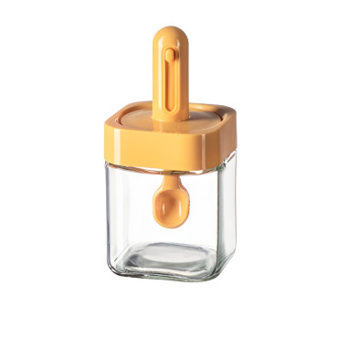 Recipient pentru Depozitarea Condimentelor, Cyrax, Borcan din Sticla, Capac si Lingura Incorporate, Uz Casnic, 300 ml, 7.1x7.1x14.8 cm, Portocaliu