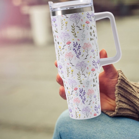 Cana Termos din Plastic, Cyrax, pentru Bauturi Calde si Reci, cu Maner, Imprimeu Floral,  Alb, 10x7.6x27.5 cm