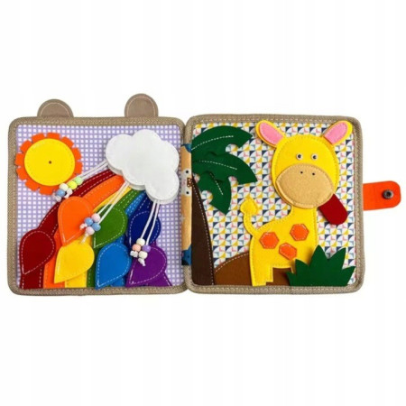 Carte Senzoriala Educativa Montessori 7in1, Cyrax, Dezvoltare Abilitati Motorii, 8 Pagini, 3D, cu Elemente Detasabile, Model Girafa, 21x21x8 cm, Maro