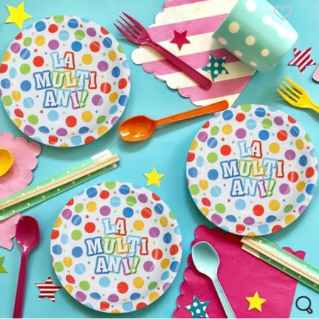 Set 10 Farfurii Unica Folosinta, Cyrax, Imprimeu La Multi Ani, din Carton, Diametru 17 cm, Multicolor