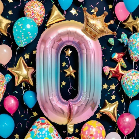 Balon din Folie Metalizata, Cyrax, Figurina Cifra Gradient, Tema Aniversare 80 cm, Ambalaj Individual, Pai inclus, Umflare cu Aer sau Heliu, Coronita, Cifra 0