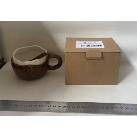 Cana din Ceramica, Cyrax, 201-300 ml, cu Lingurita, Model Nuca de Cocos, Maro