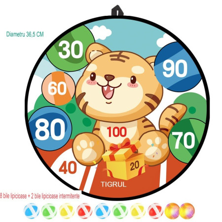 Joc Darts Cyrax pentru Copii, Placa Pliabila 36.5 cm, 8 Mingii Velcro/Scai Simple, 2 Mingii Luminoase, Model Tigru, Portocaliu