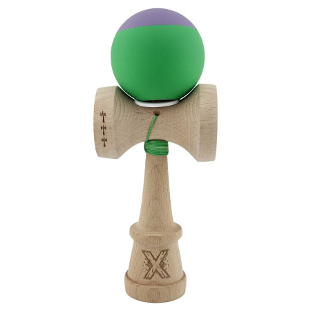 Kendama X Originala, Profesionala, Cyrax, Rubber Grip, Cupe Mari KING SIZE V3, Gaura in Baza, Rulment Metalic, din lemn 18 cm, Ata 62/65 cm, Bicolor Mov/Verde