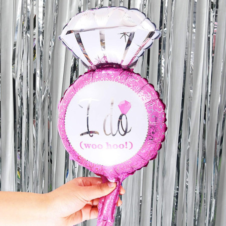 Balon din Folie Metalizata, Cyrax, Mini Figurine Nunta, Model Inel de Logodna, Tematica Cerere in Casatorie, 46x23 cm, Ambalaj Individual, Pai Inclus, Umflare cu Aer sau Heliu, Roz