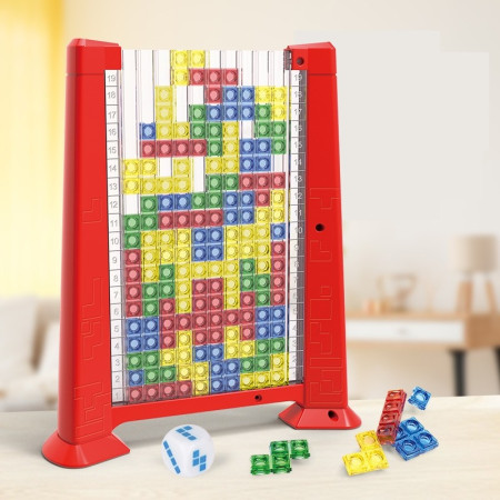 Joc de inteligenta Tetris puzzle tangram Cyrax, 70 de piese multicolore, 3D, montessori, interactiv, din plastic, zar inclus, sac depozitare piese, varsta peste 6 ani, 23 x 19.8 x 5 cm, cadru rosu