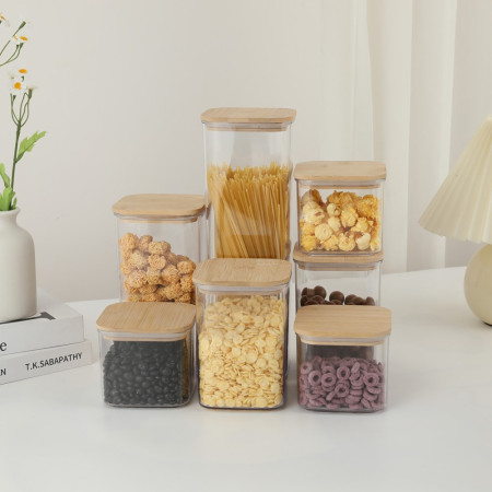 Cutii de Depozitare Alimente, Cyrax, Set din 7 Cutii de tip Container, Cutii pentru Cereale, din Plastic, Capac din Bambuc, 2pc 0.5 l, 2pc 0.8 l, 2pc 1.2 l, 1pc 2.5 l, Transparente