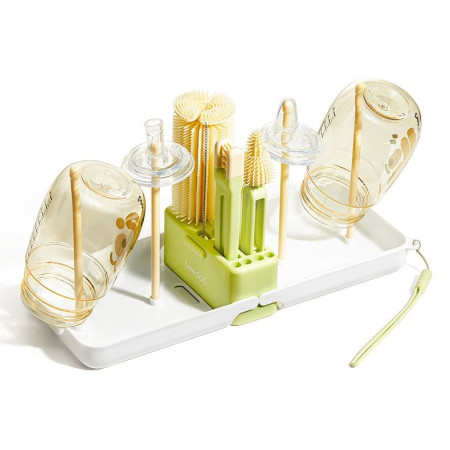 Set 7 Piese de Spalat/Uscat Biberoane, Cyrax, Portabil, Peri de Silicon, pentru Tetine, Suzete, Biberoane, Paie, Cutie Inclusa, 16.8 x 12 x 5 cm, Model Panda, Verde