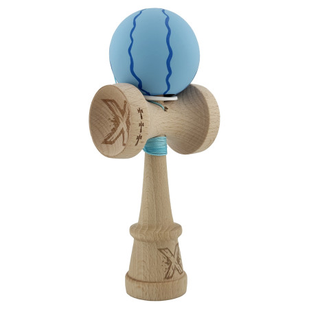 Kendama X Originala, Profesionala, Cyrax, Rubber Grip, Cupe Mari KING SIZE V3, Gaura in Baza, Rulment Metalic, din lemn 18 cm, Ata 62/65 cm, Special Albastru deschis